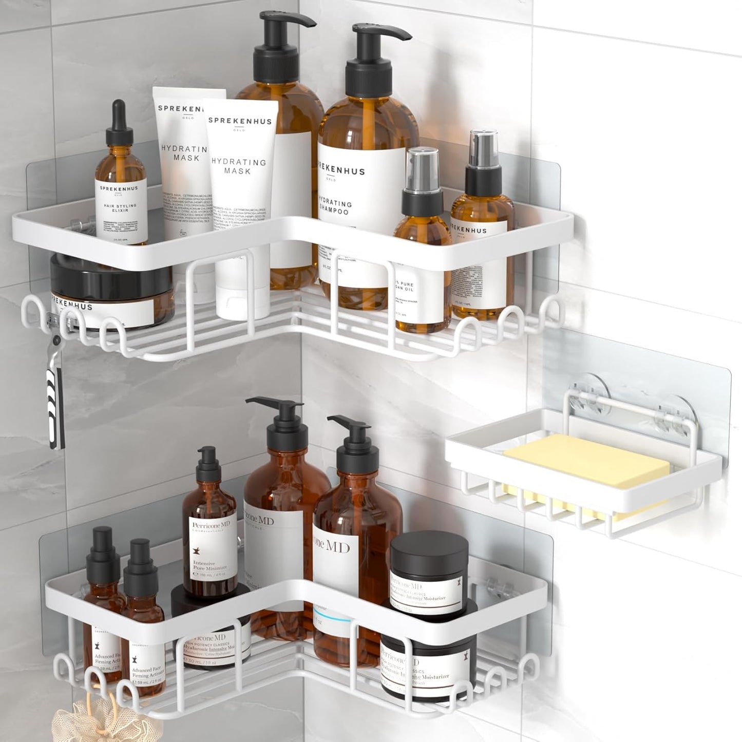 YASONIC Corner Shower Caddy - Rustproof Stainless Steel Bathroom Organizer with Soap Holder & 12 Hooks | White, 3-Pack