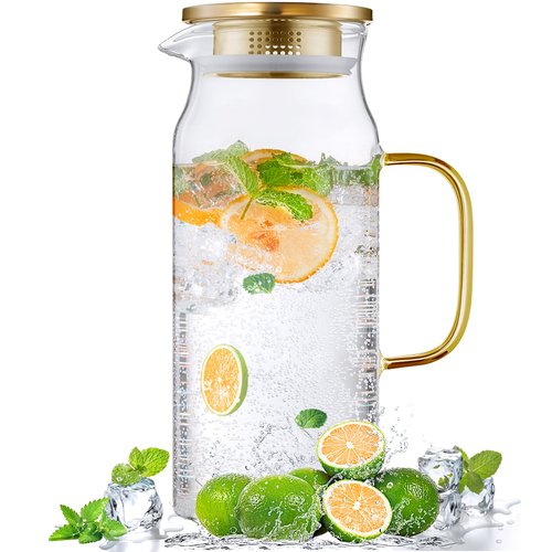 Bivvclaz 2 Liter 68 oz Gold Glass Pitcher with Lid and Handle, Glass Carafe for Hot/Cold Water, Large Iced Tea Pitcher for Coffee, Juice and Homemade Beverage