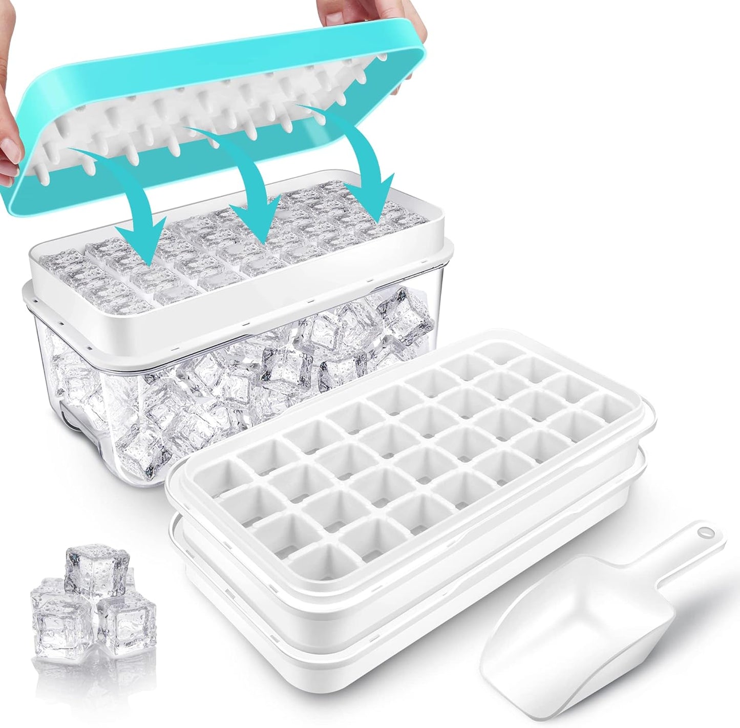 Skiennix Ice Cube Trays - 2-Tier Freezer Set with Bin, Scoop, and Press Plate, Lid Included