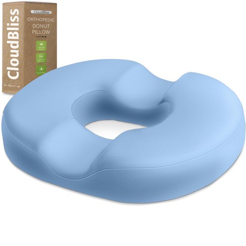 CloudBliss Donut Pillow Seat Cushion Chair Pad for Tailbone Pain Relief and Hemorrhoids, Memory Foam Seat Chair Cushion for Men and Women for Home & Office, (Light Blue-XL)