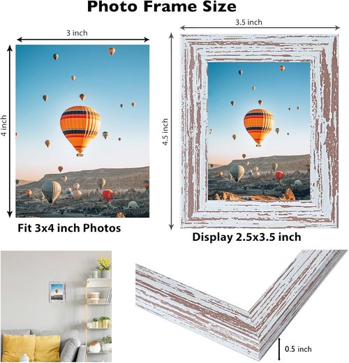 JCJMY Rustic White 3x4 Picture Frame - Versatile Wall Hanging or Tabletop Display with Shatter-Resistant Plexiglass