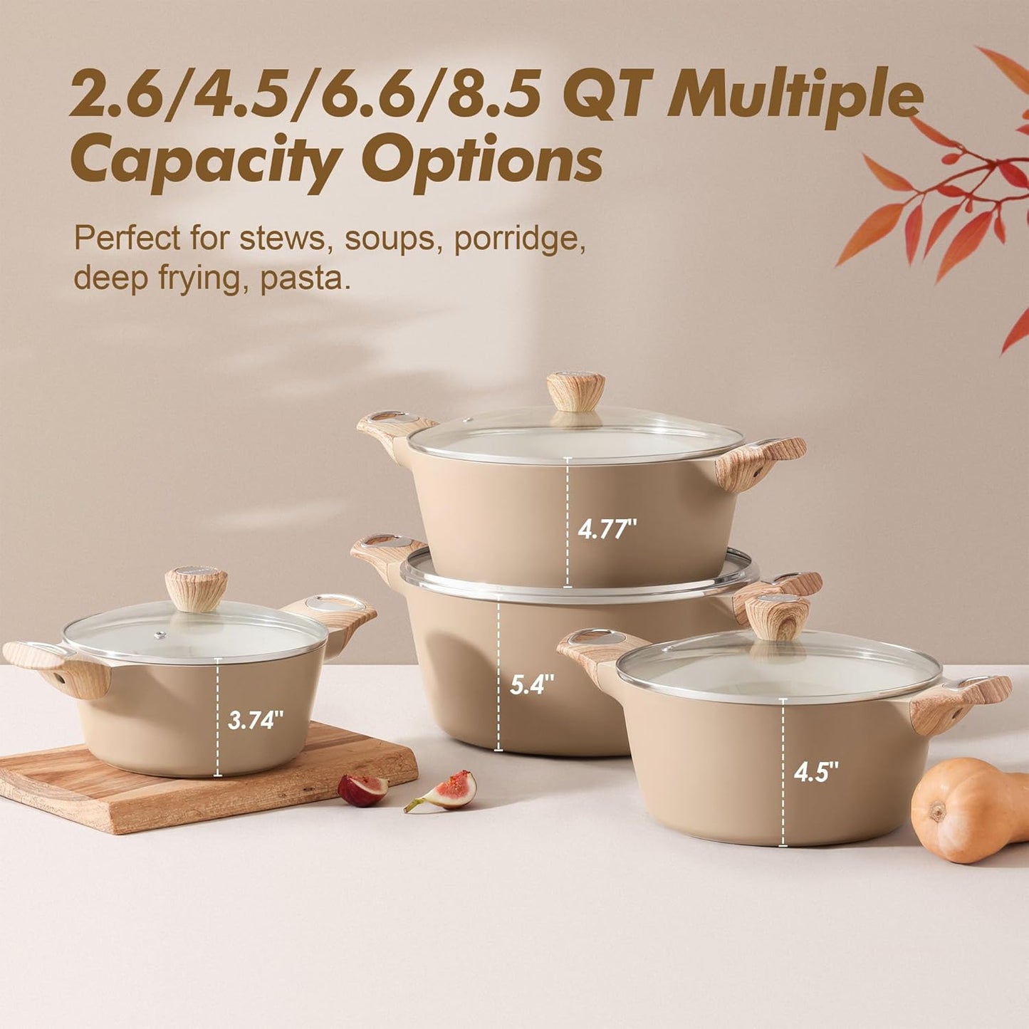 SENSARTE Nonstick Ceramic Stock Pot - Healthy 2.6/4.5/6.6/8.5 QT Soup & Casserole Pot | Induction Compatible, Taupe