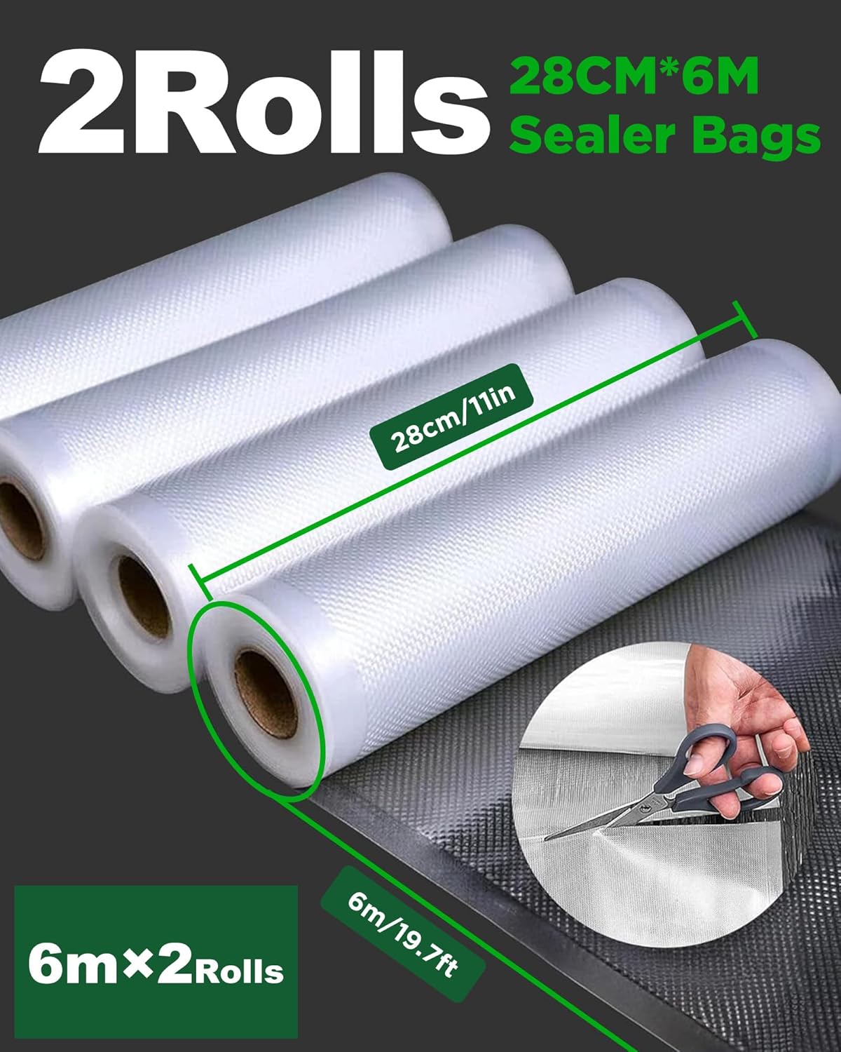 Amxus Vacuum Sealer Bags - Heavy Duty BPA-Free Food Storage | 2 Rolls, 28CM x 6M for Portion Control