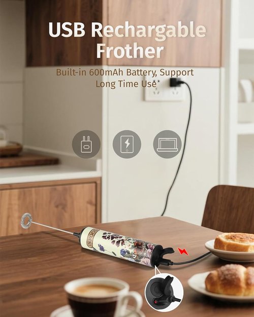 INFOOD Milk Frother - Rechargeable Coffee Frother Wand with 2 Detachable Stainless Whisks | Vintage Floral Design