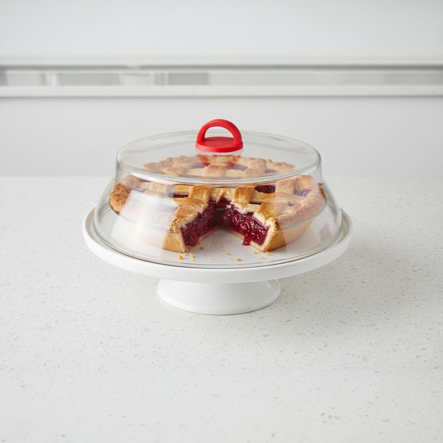 10 Inch Microwave Tempered Borosilicate Glass Plate Cover with Red Easy-Grip Silicone Handle - Unvented to Steam Food -Microwaveable/Oven/Stove Safe - Red Silicone Handle for Safe Easy Grip