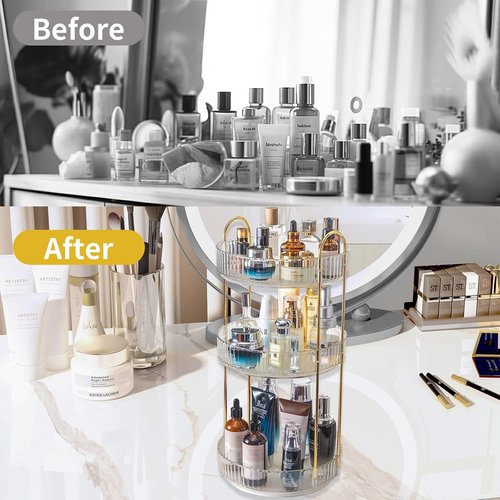 Asayuee 360° Rotating Makeup Organizer - Large 3-Tier Storage for Skincare & Cosmetics | Clear Finish