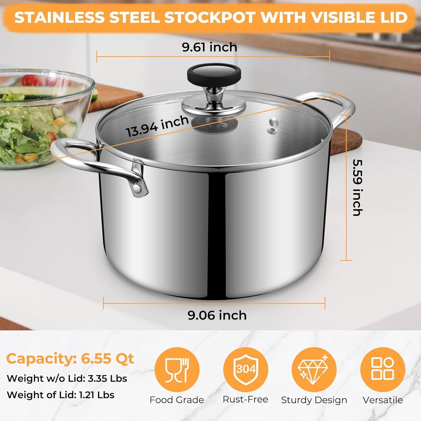 Tri-Ply Stainless Steel Stock Pot - 6.5 Quart Heavy Duty Induction Cooking Pot with Visible Lid