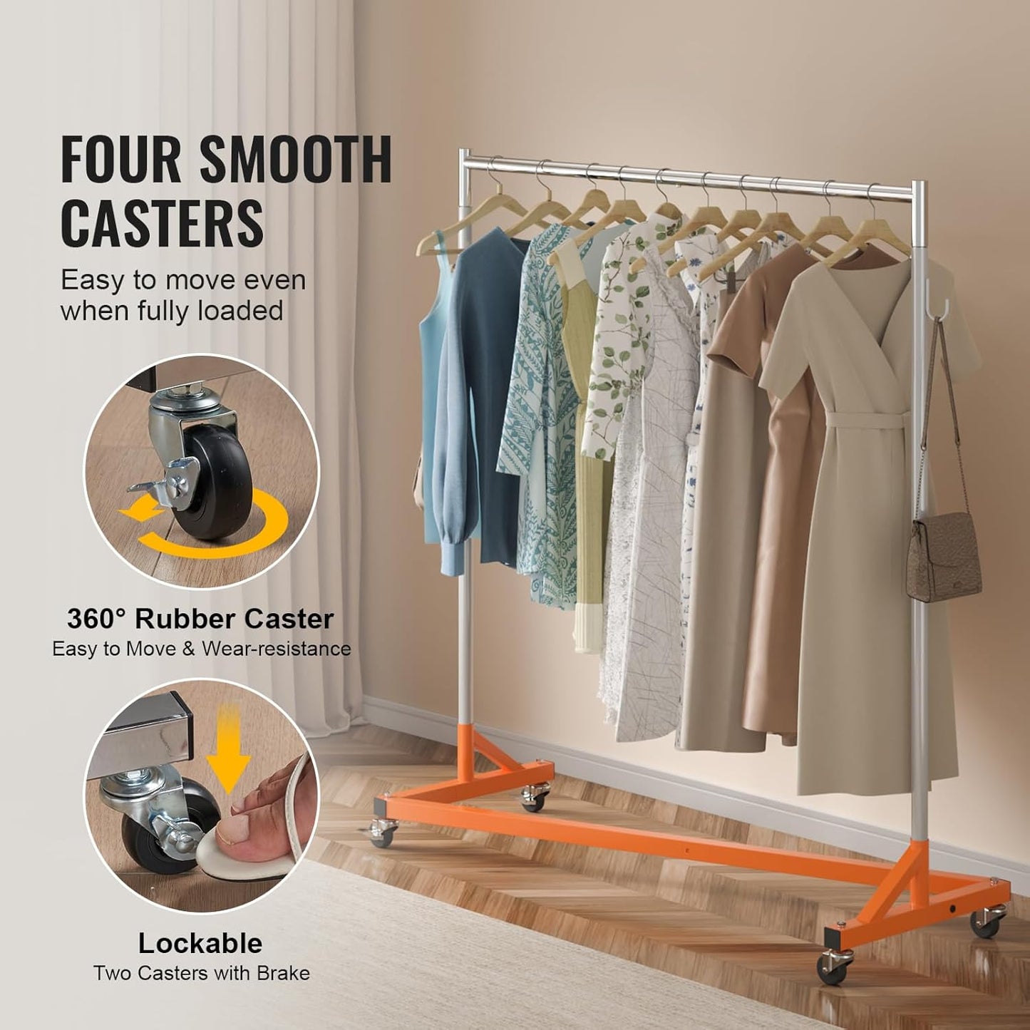 VEVOR Z Rack - Industrial Grade Rolling Garment Rack with Lockable Casters - Sturdy Steel, Orange (3 Sets)