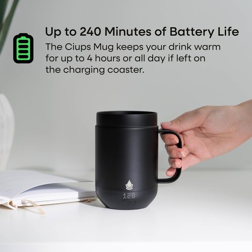 Ciups Heated Coffee Mug Rechargeable, 4-Hour Battery Life, LED Display, Temperature Control, Cup Warmer, Self-Heating Electric Coffee Mug, 16 ounces (Black)