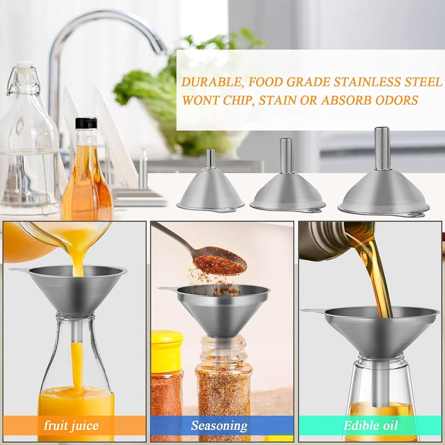 VOPTON Stainless Steel Mini Funnel Set - 6 Pcs for Kitchen Use | Food-Grade Metal & 2 Cleaning Brushes