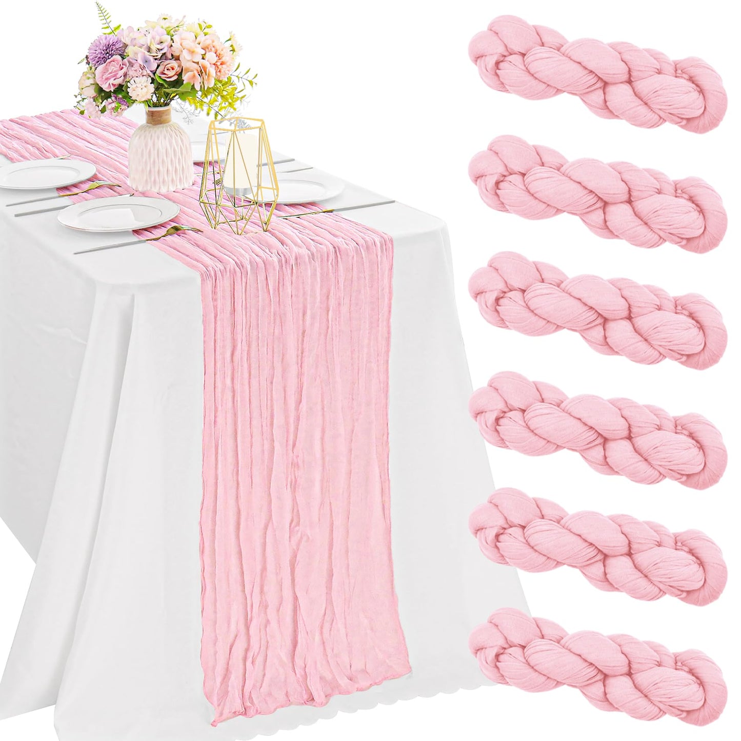 6 Pieces Pink Easter Spring 10FT Cheesecloth Table Runner Boho Gauze Fabric Table Runner Rustic Sheer Runner for Wedding Birthday Baby Shower Party Boho Table Decoration（Pink）