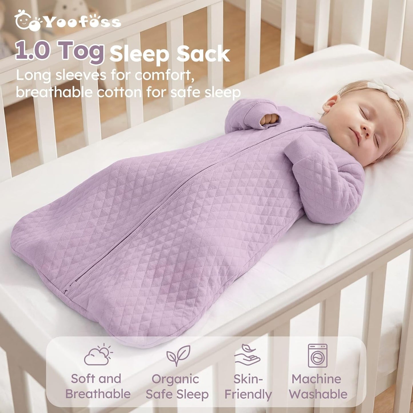Yoofoss Baby Sleep Sack - Organic Cotton Wearable Blanket for Infants | 1.0 Tog, Long Sleeve, 6-12 Months