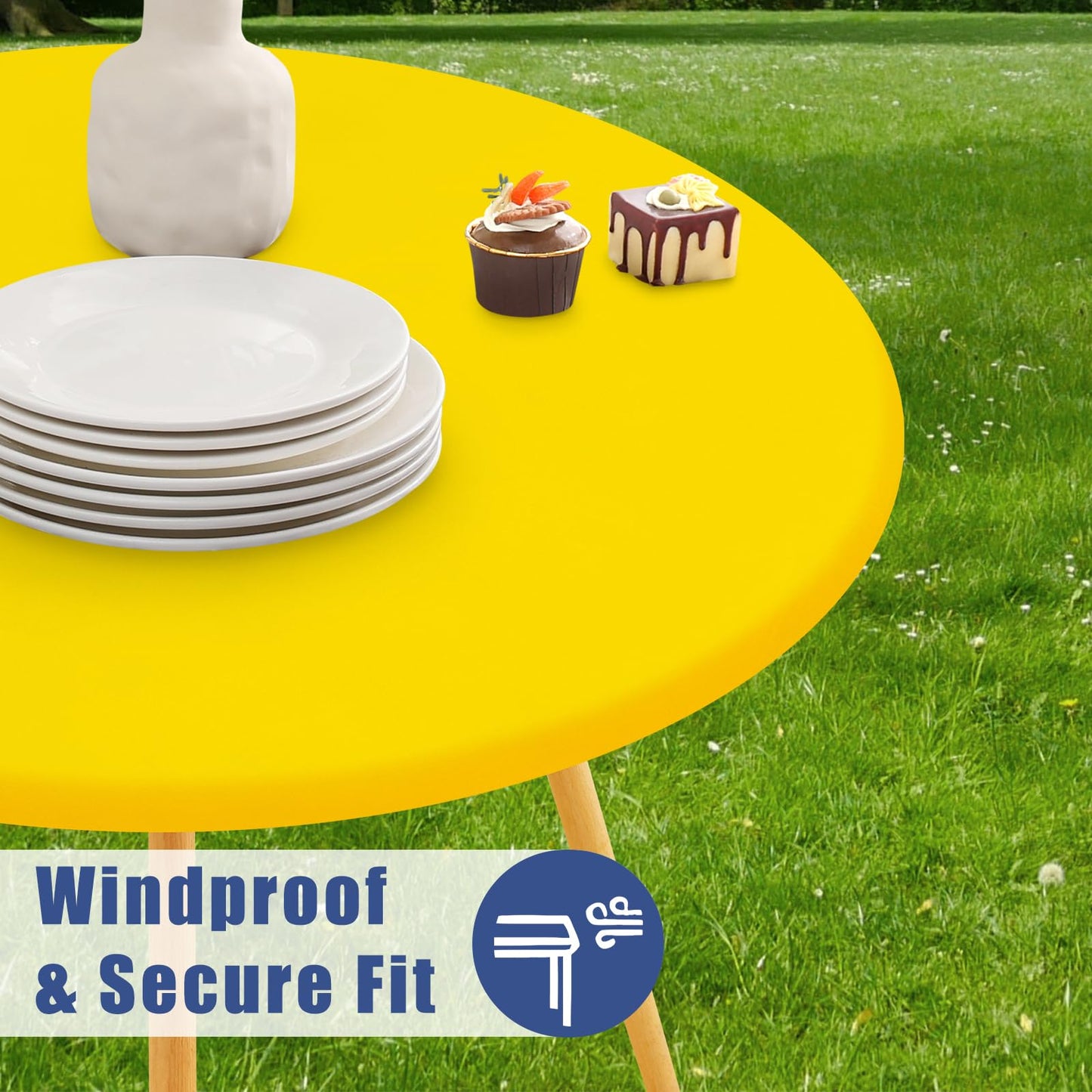 Moosfor Round Spandex Tablecloth, Elastic Fitted Waterproof Tablecloths for 25"-30" Tables, Stretch Washable Picnic Table Cover for Camping, Dining, Indoor and Outdoor, Yellow