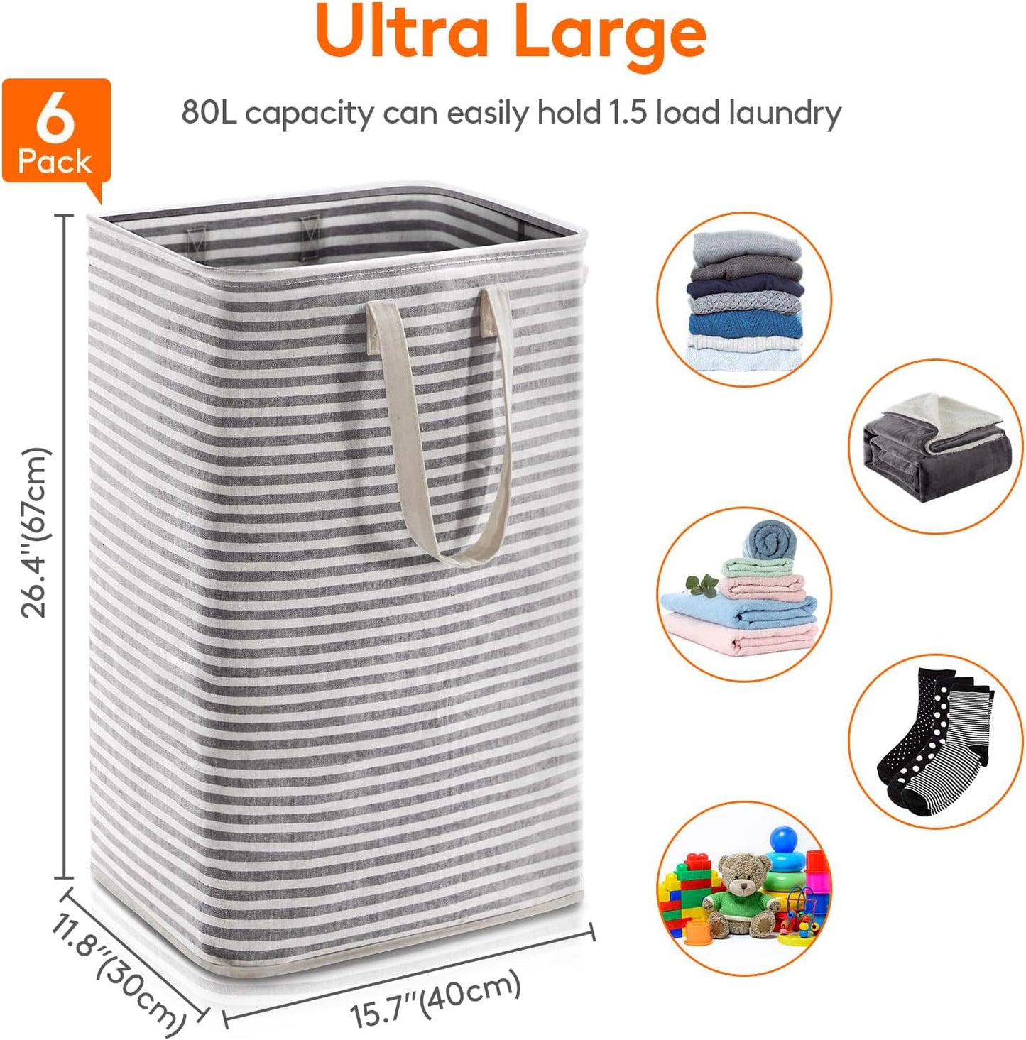 Lifewit 6-Pack Laundry Basket - 80L Collapsible Hamper with Reinforced Handles | Waterproof Design in Black