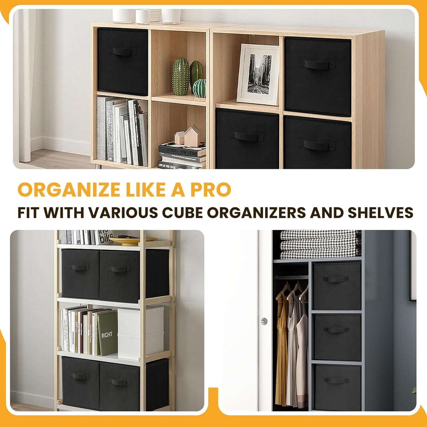 Large Storage Cubes | 13-Inch Organizing Bins for Kallax Shelves - 10 Pack Collapsible Black Storage Boxes