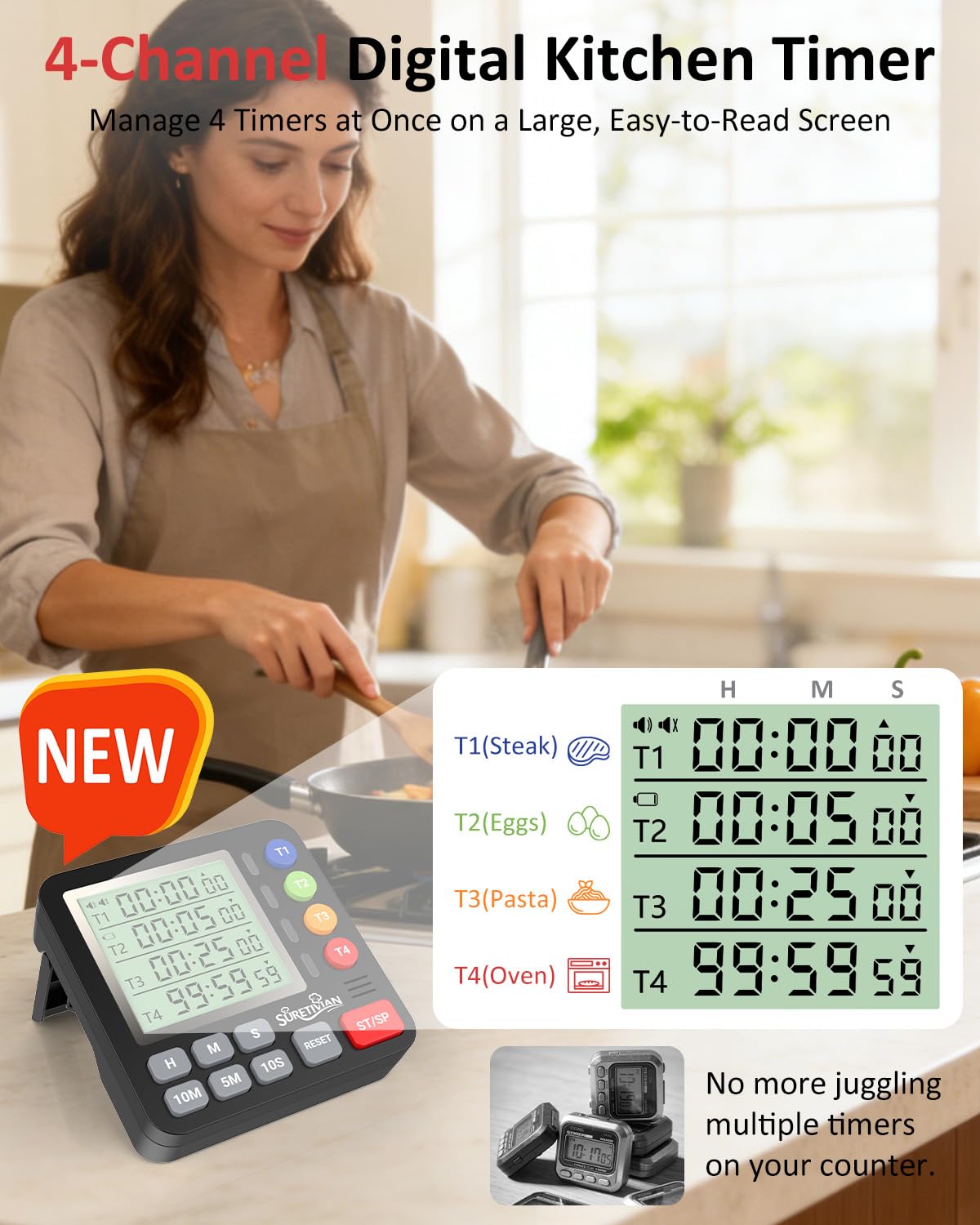 Digital Kitchen Timer for Cooking - 4 Channel Count Up Countdown Timer with Loud Alarm and Silent Mode, Large Display, Magnetic Back, Auto Memory for Classroom Study Gym, Battery Included (White&Grey)