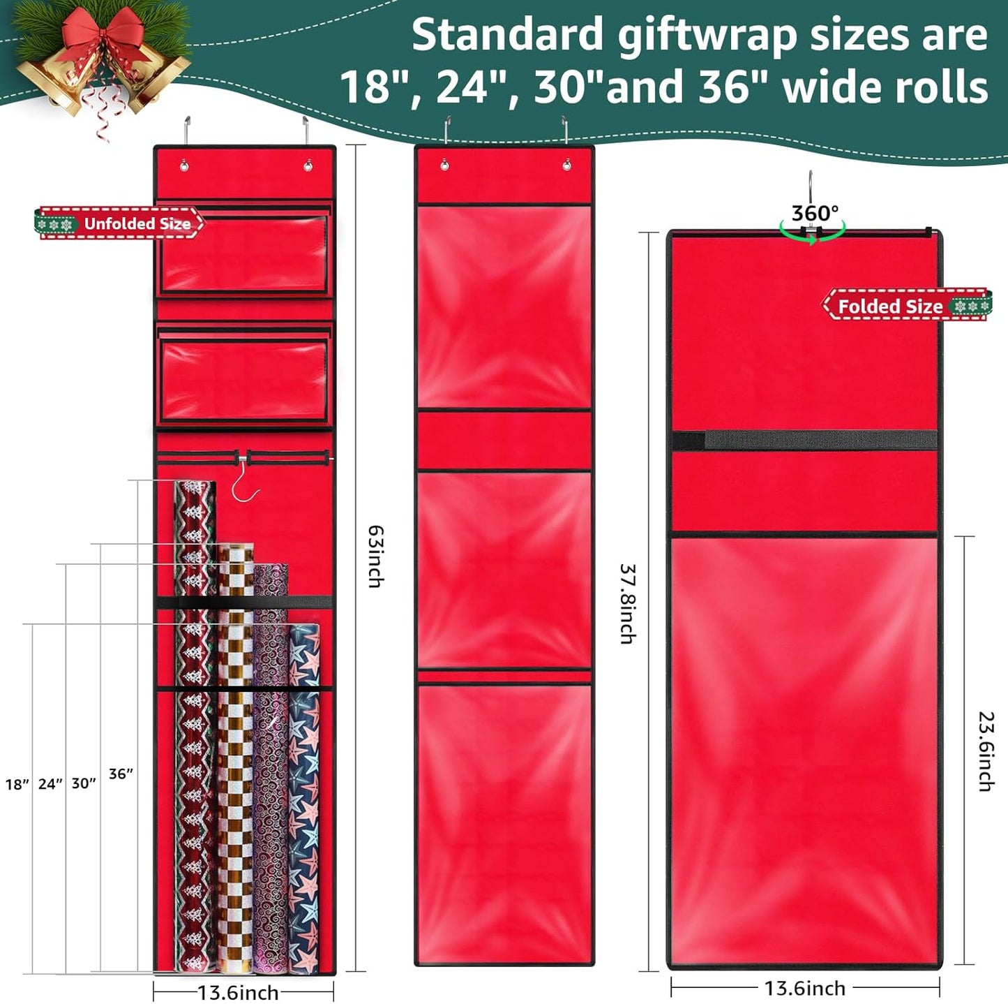 Woodoulogy Hanging Gift Wrapping Paper Storage - 40x17 Black Organizer & 63x13 Red Over-Door Bag