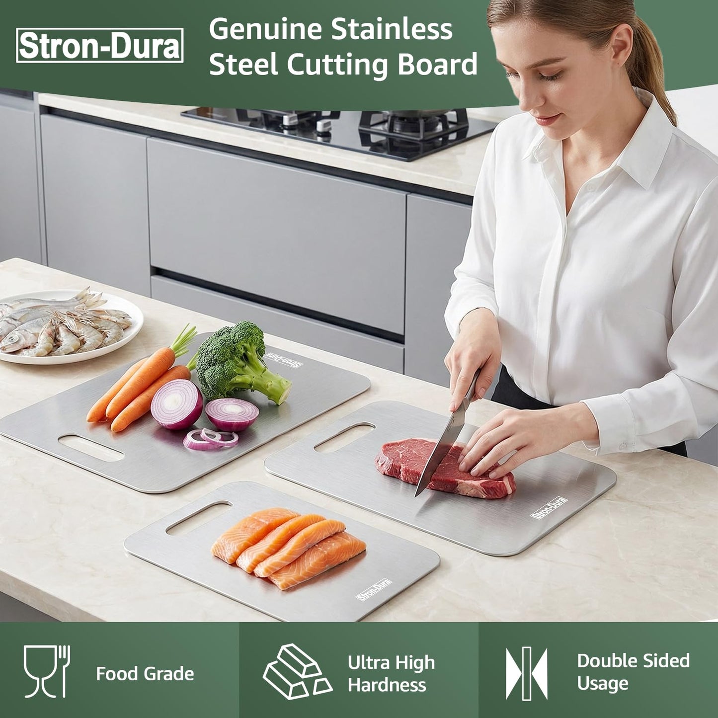 Stron-Dura Cutting Board, Stainless Steel Cutting Board, Foodgrade Cutting Boards for Kitchen, Titanium Cutting Board for Meat,Fruit, Vegetables, Double Side Use, Odor free, M, 13.4" * 9"