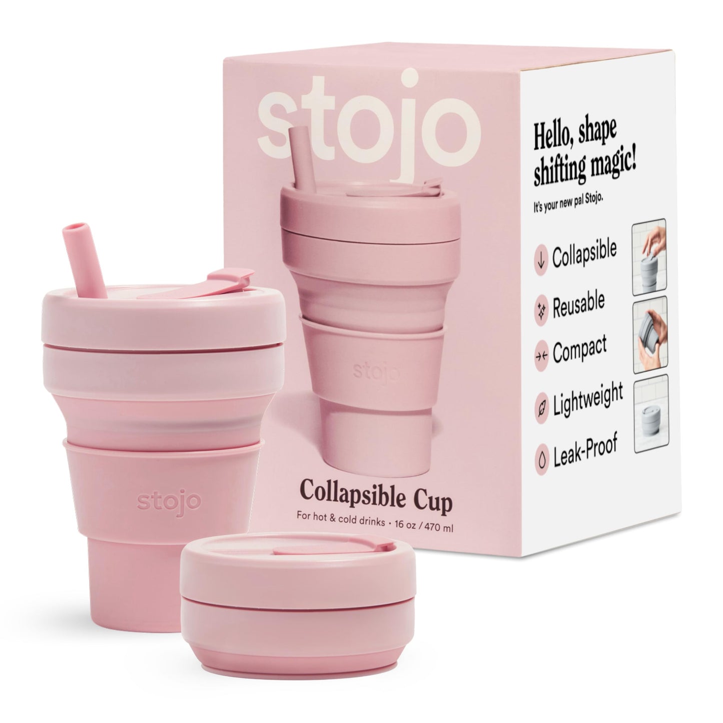 STOJO Collapsible Travel Cup - Reusable To-Go Pocket Size Silicone Bottle for Hot and Cold Drinks - Perfect for Camping - Microwave & Dishwasher Safe (Carnation, 16 Ounce (Pack of 1))