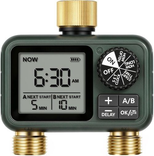 Brass Sprinkler Timer - Programmable Water Timer for Garden Hose with Auto/Manual/Rain Delay | 2 Outlet F12WT06