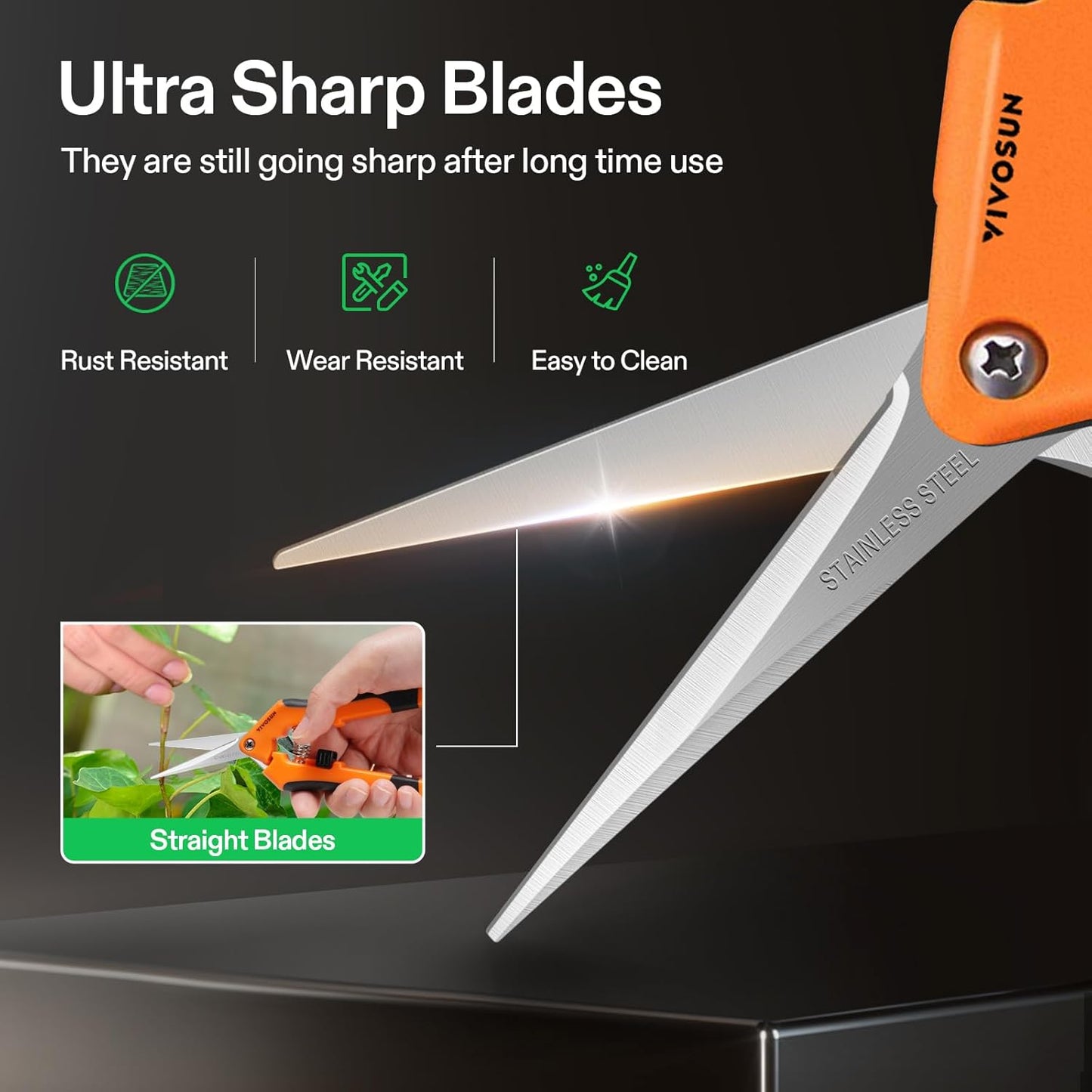 VIVOSUN Gardening Scissors - 6.5 Inch Hand Pruner with Straight Stainless Steel Blades | Orange 1-Pack