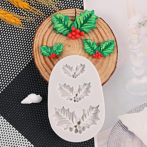 4Pcs Christmas Holly Leaves Silicone Molds for DIY Cake Fondant Biscuit Cookies Soap Sugar Pudding Chocolate Hard Candies Dessert Candle Decor