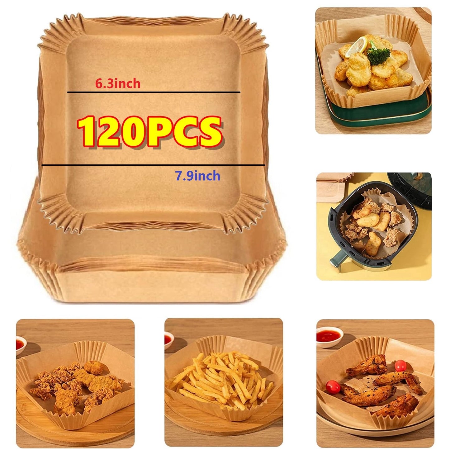 Air Fryer Liners Disposable 120PCS, 7.9 Inch Square Non-Stick Parchment Paper Baking Liners for Most Air Fryers, Food Grade Greaseproof Basket Sheets for Easy Cleanup