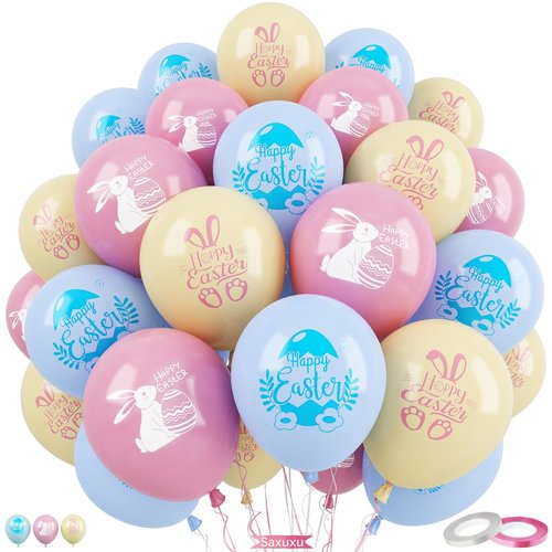 Happy Easter Balloons, 60Pcs 12 Inch Pastel Light Pink Blue Blue Cute Bunny Spring Easter Eggs Party Balloons for Kids Girl Boy Cute Egg Easter Spring Birthday Party Baby Shower Decorations