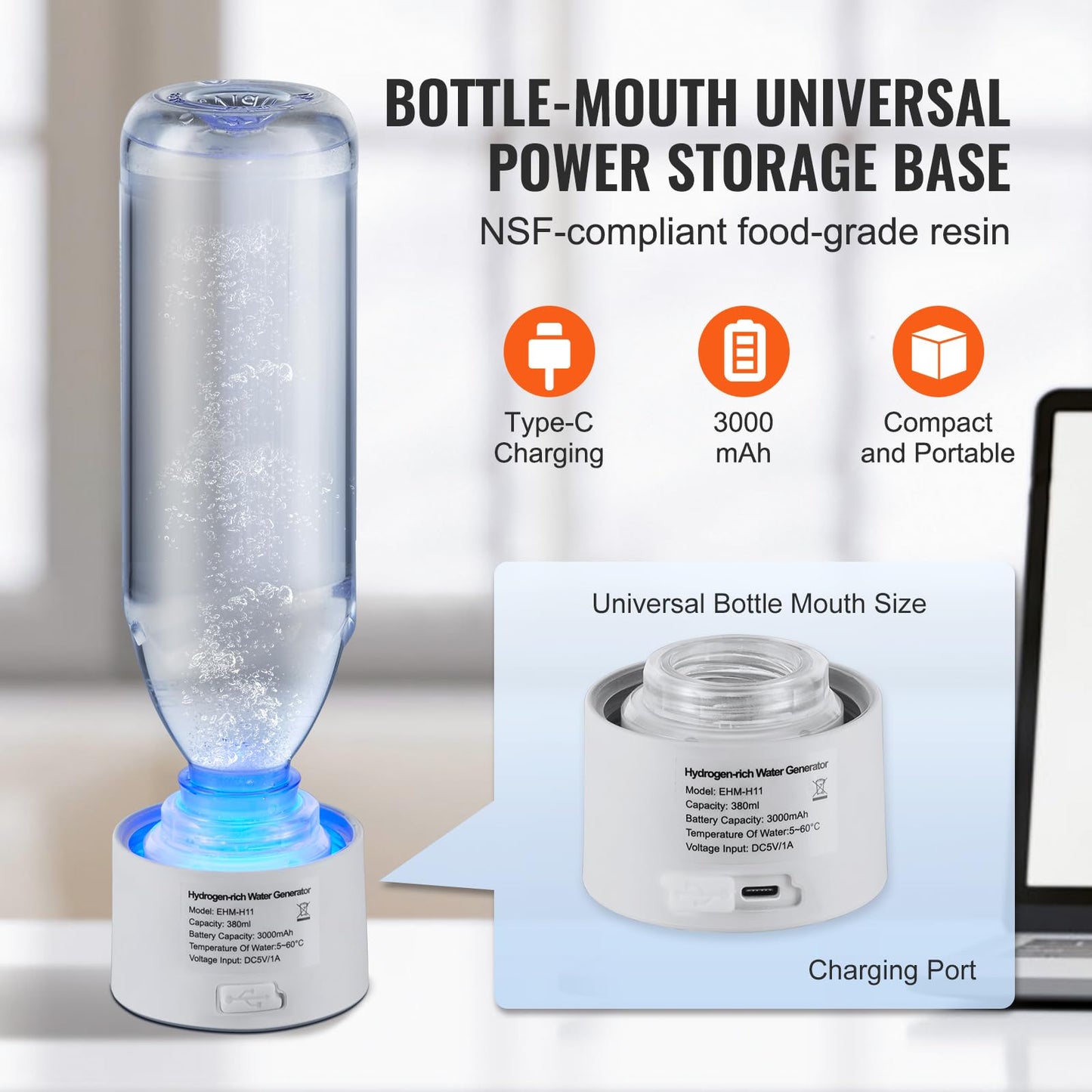 VEVOR Hydrogen Water Bottle, Hydrogen Water Bottle Generator up to 2000 ppb, 380ml Portable Hydrogen Water Machine, SPE Technology hydrogen water generator with Nasal Inhalation Tube and Self-Cleaning