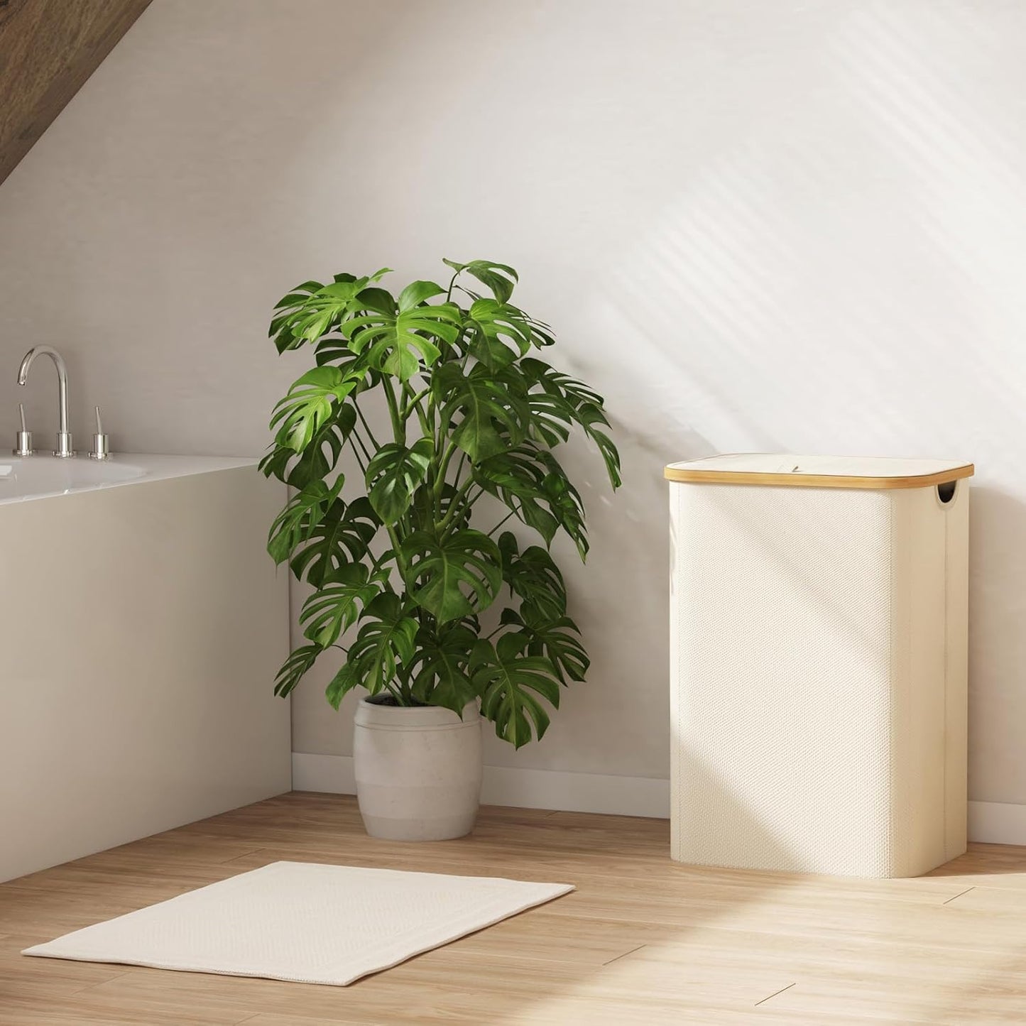 Lifewit 80L Laundry Basket - Foldable Hamper with Lid & Bamboo Handles | Large White Design