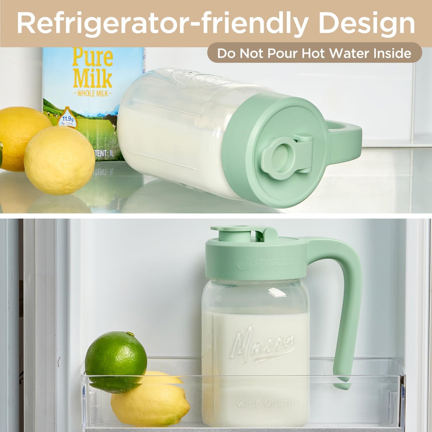 Spreccio 32 oz Glass Pitcher with Lid, 1 Quart Mason Jar Pitcher with Lid Airtight, Breast Milk Storage for Fridge, Ideal for Cold Brew Coffee, Iced Tea, Sun Tea, Juices