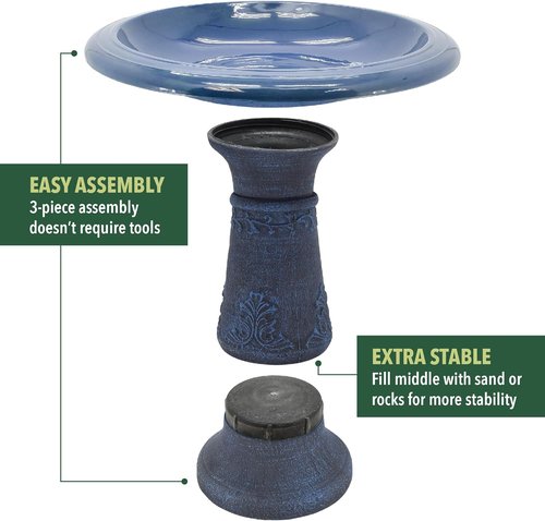 Arcadia Garden Products Fiberclay Bird Bath - Antique Vintage Design, Weather Resistant, 20-Inch Tall, Blue