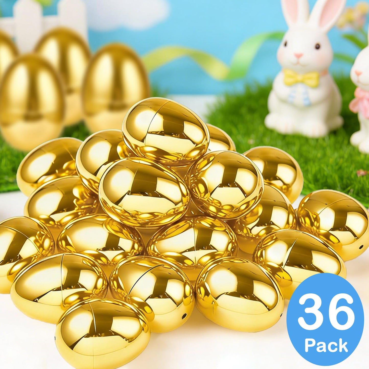 TURNMEON 36PCS Plastic Golden Easter Eggs, 2.36" Fillable Empty Gold Easter Eggs Bulk for Easter Basket Stuffers Fillers, Fillling Candy Treats Toys Eggs Hunt Classroom Prize Supplies and Party Favors
