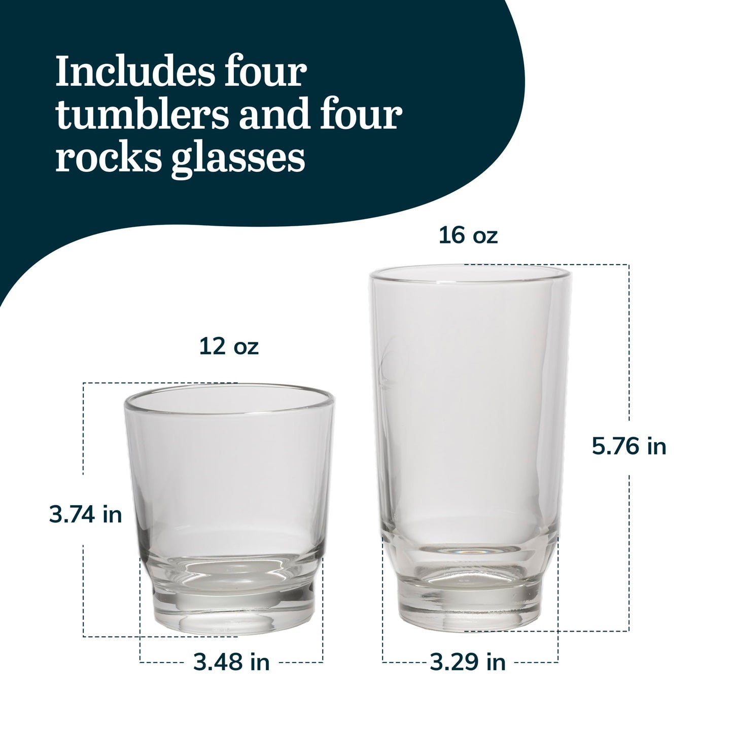Libbey Merida Mixed Drinkware Set of 8, Merida Cooler Glass Tumblers and Double Old Fashioned Rocks Glass Set, Dishwasher Safe Glassware Drinking Glasses Set