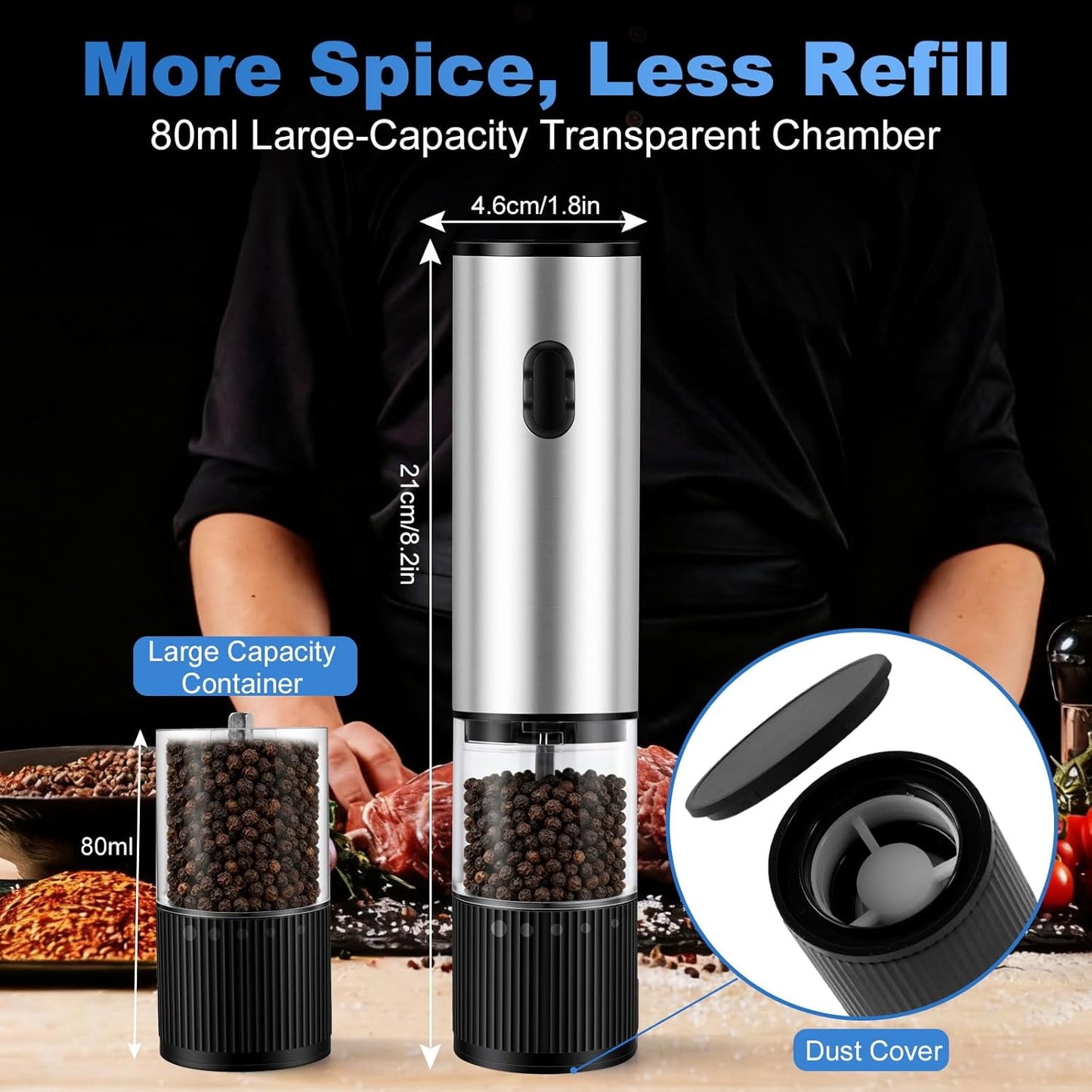 Skiennix Electric Salt and Pepper Grinder Set - 2 Pack with LED Light & USB-C Charging Base, Adjustable Coarseness