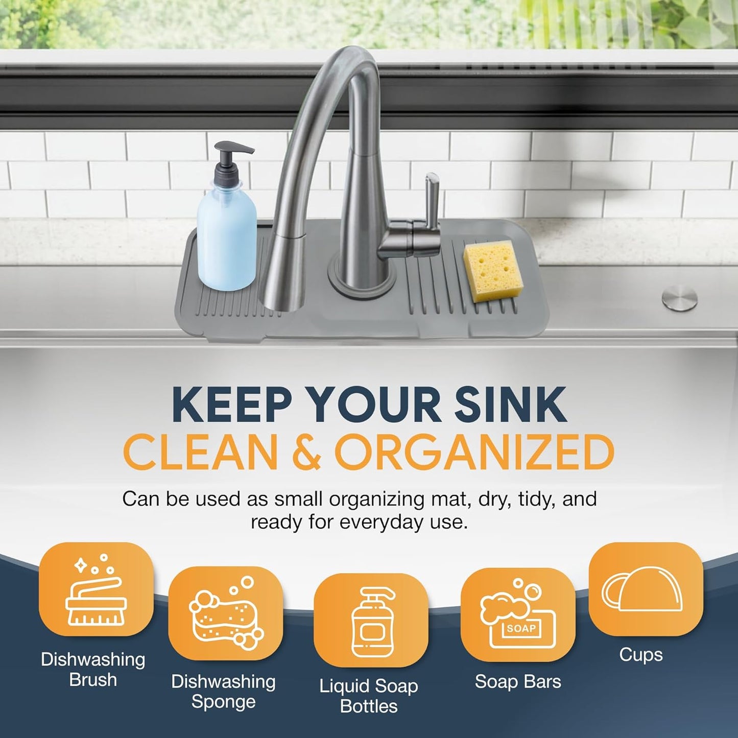 Skiennix 14.6” Silicone Faucet Mat - Kitchen Sink Splash Guard in Gray for Effective Water Control