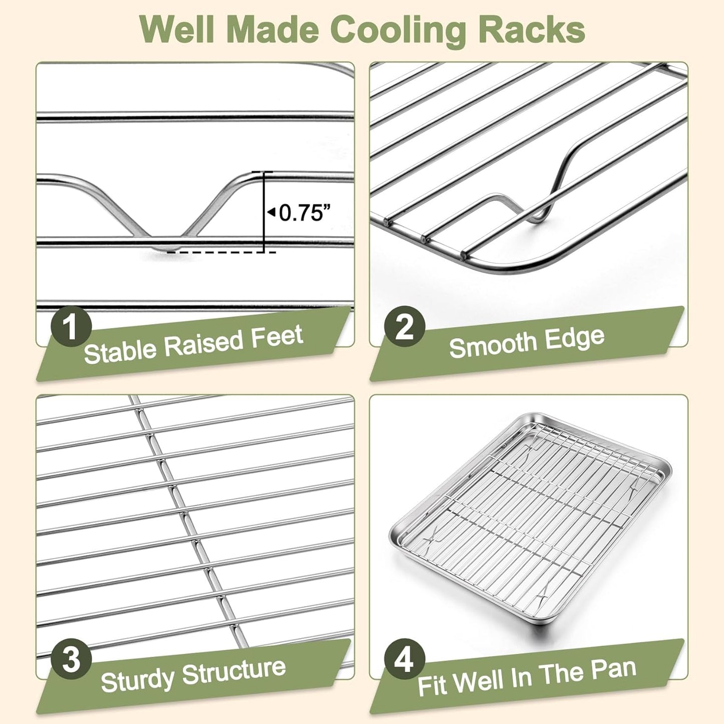 TeamFar Baking Sheet Set - 3 Stainless Steel Cookie Sheets with Racks | Non-Toxic, Heavy Duty, Dishwasher Safe, 16/12.5/9 Inch