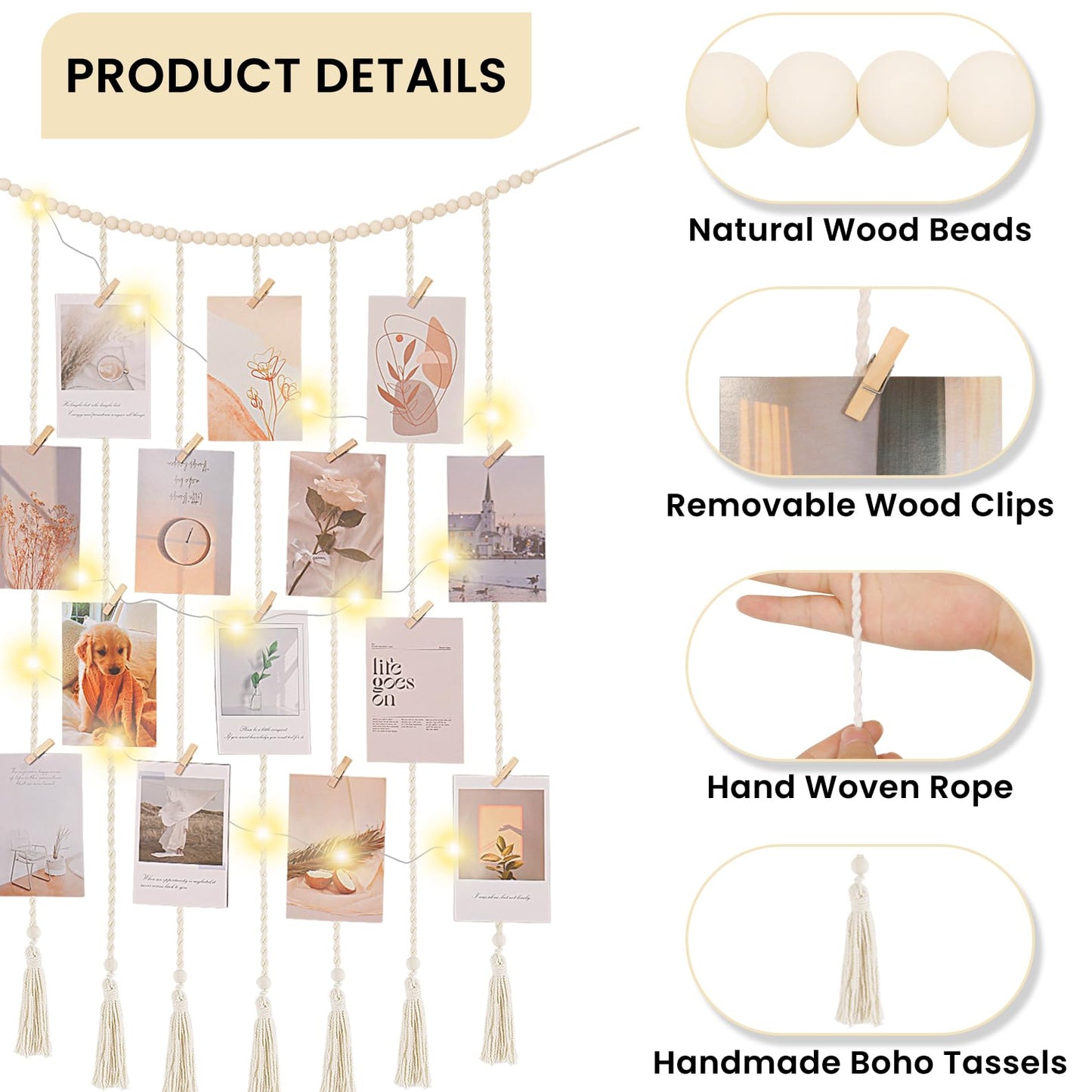 Poefditev Macrame Hanging Photo Display Boho Wall Decor with String Lights Wooden Beads Garland Picture Frame Collage Holder with 30 Clips for Room, Bedroom, Dorm, Christmas Teenage Teen Girl Gifts (Beige, Medium)