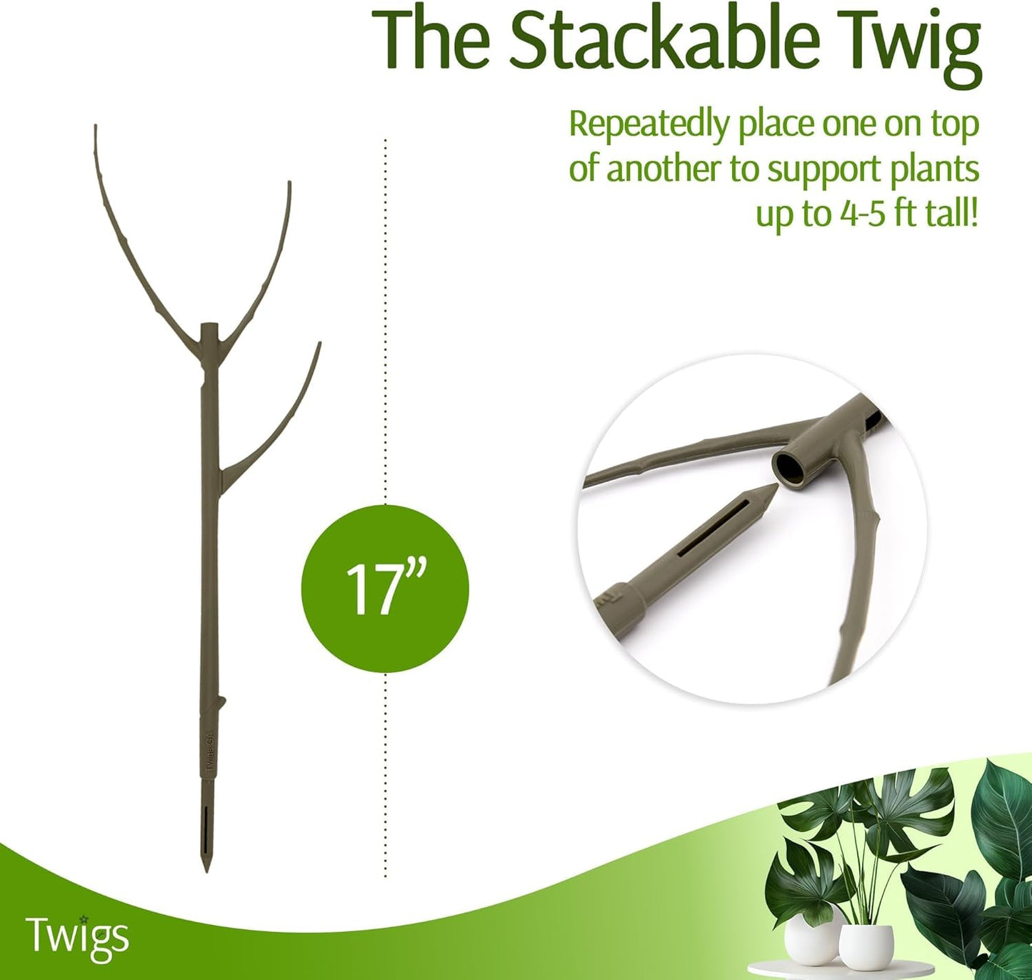 Twigs GA - Stackable Plant Support Stakes | Durable Trellis Alternative for Indoor & Outdoor Plants - Moonstone, 3 Pack, 17" L