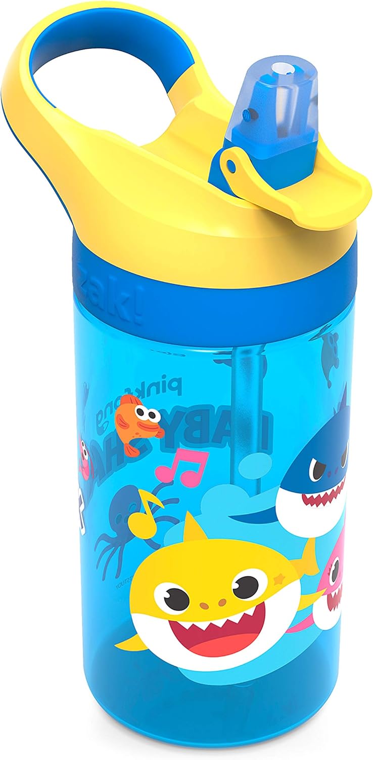 Zak Designs Baby Shark Water Bottle - Durable, Leak-Proof Design with Straw & Carrying Loop | 16 oz