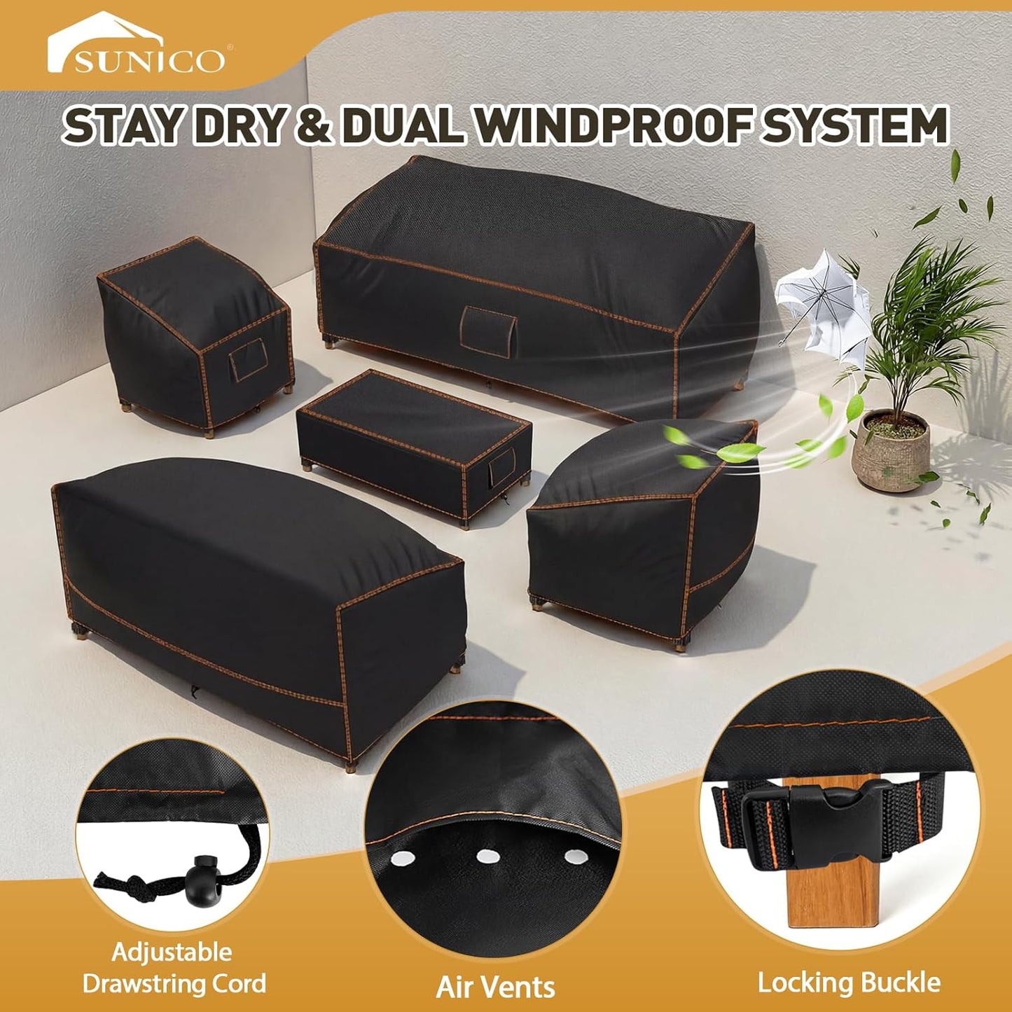 SUNICO 5-Piece Outdoor Patio Furniture Covers Set - Waterproof, UV Fade Protection, Tear-Resistant, Black