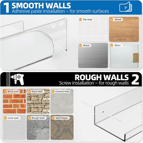 Albumgit 4 Pack Acrylic Wall Shelves - Self-Adhesive 15" Clear Floating Shelf for Organizing Decor