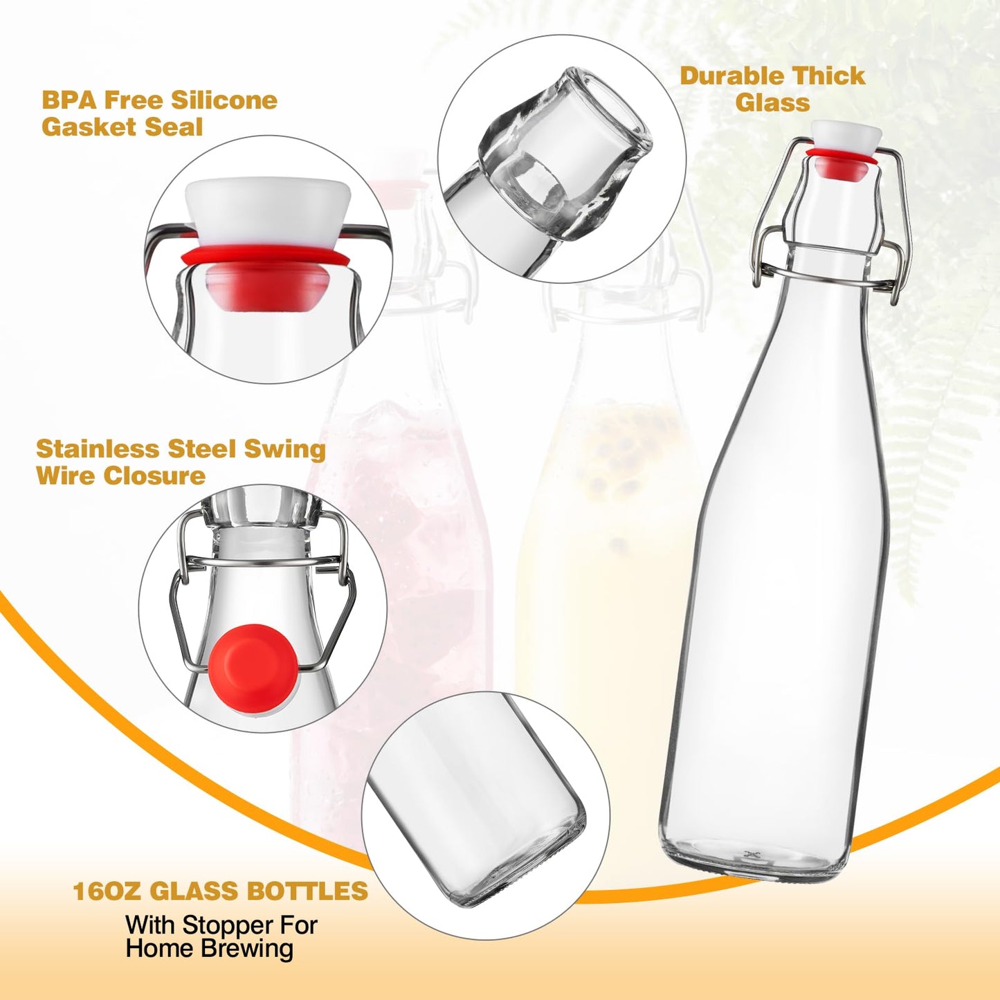 FrutPunch 16OZ Swing Top Glass Bottles, 2 Pack Flip Top Glass Bottle with Airtight Lid for Fermentation, Kombucha, Mead, Coquito, Vinegar, Beer, Kefir, Wine, Soda, Juice for Home Brewing
