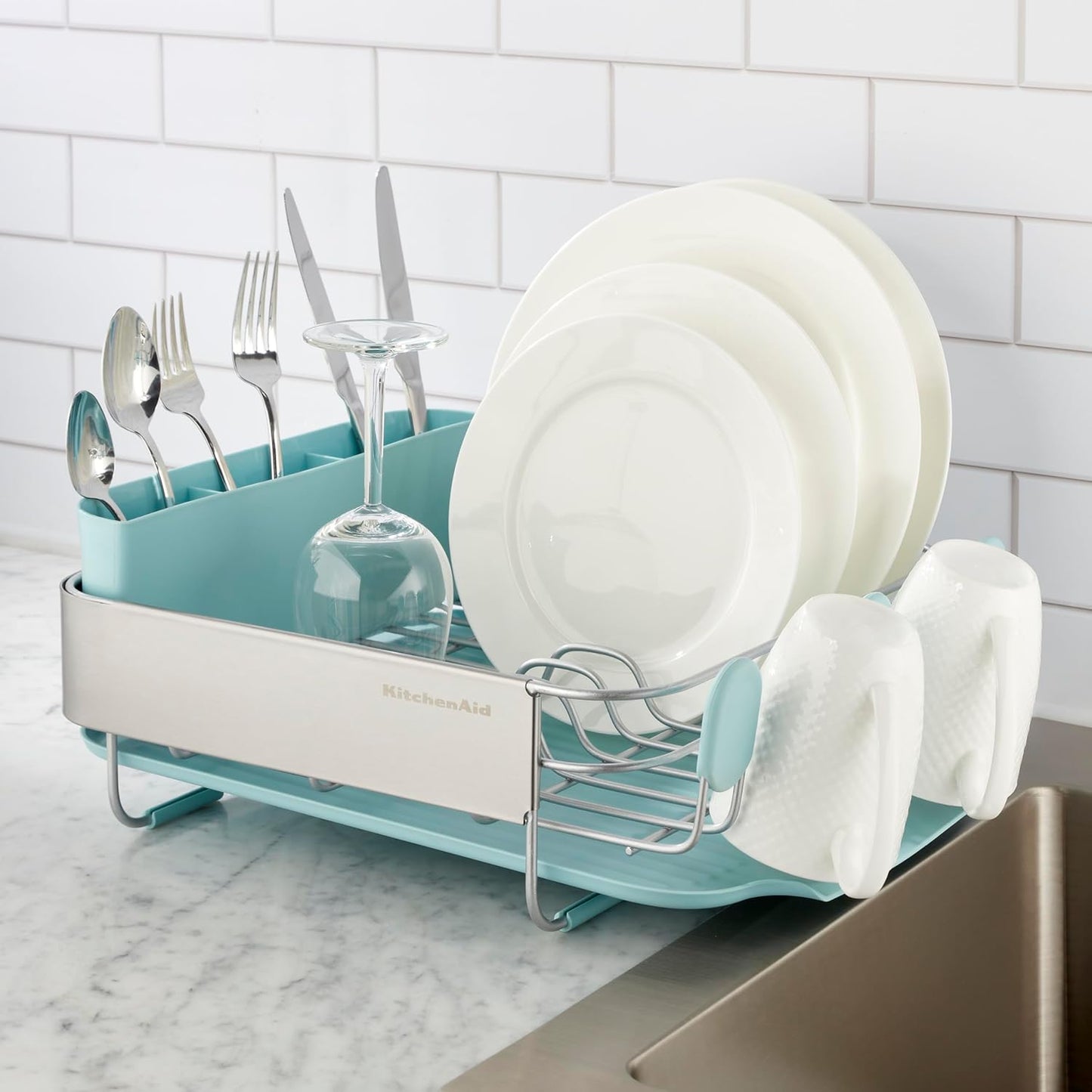 KitchenAid Compact Dish Rack - Rust Resistant with Removable Flatware Caddy | 12.63 x 15.87 Inch, Mineral Water