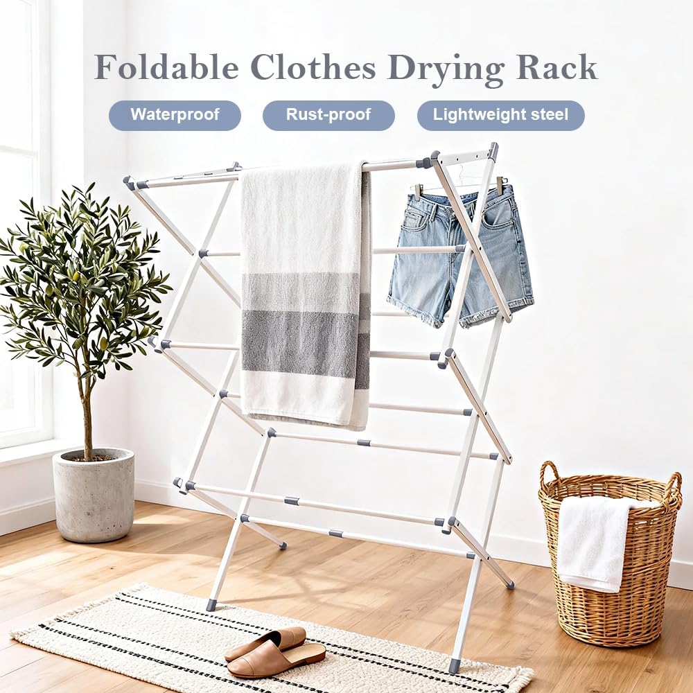 Skiennix Foldable Clothes Drying Rack - Portable Indoor Laundry Solution with 4 Hangers | 41"x29"x14", White