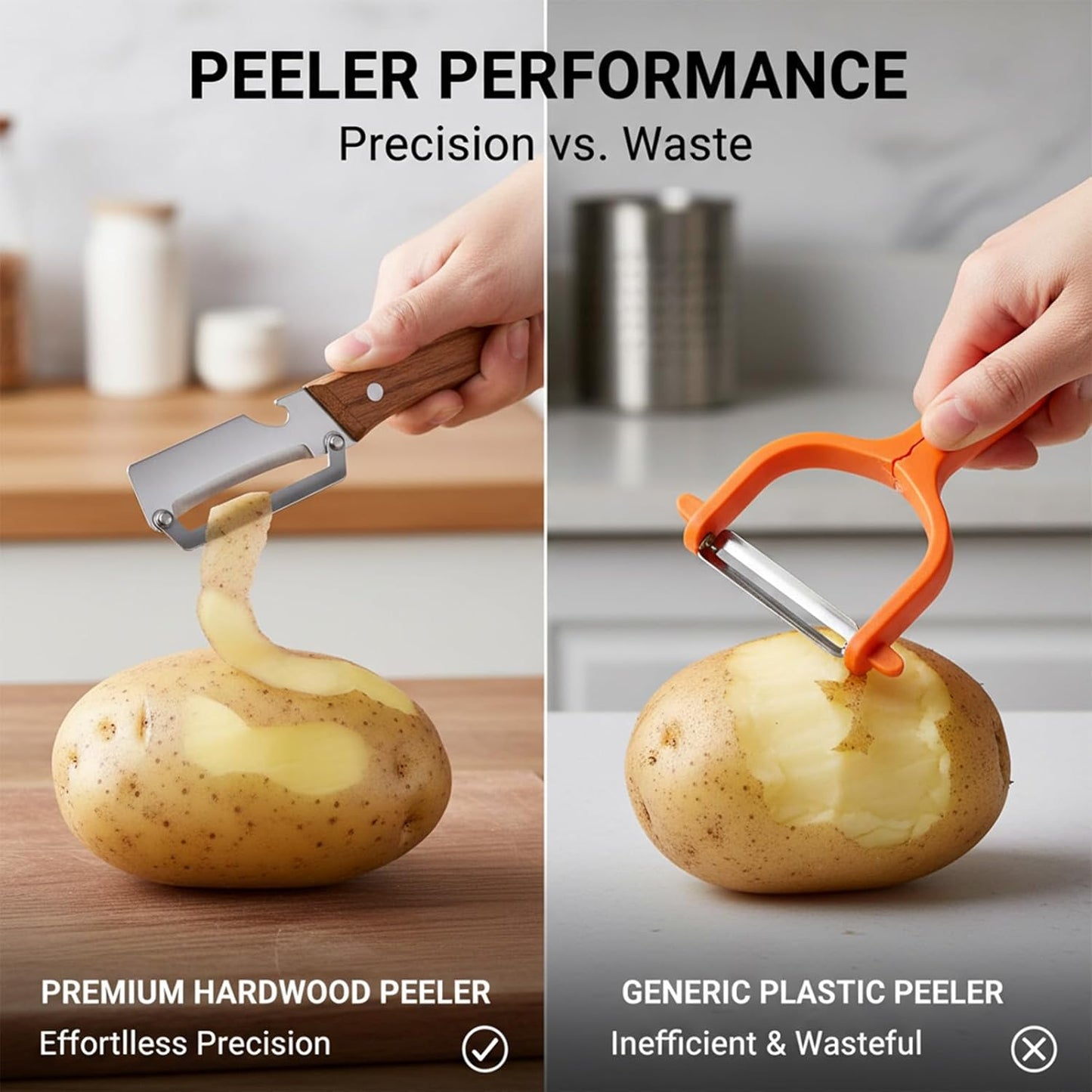 SakerPlus Vegetable Peeler - 2-in-1 Curved Stainless Steel Blade with Wooden Handle | Ideal for Kitchen Prep & Camping