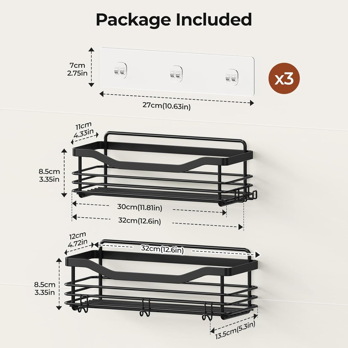 Orimade Shower Caddy Shelf - Rust Resistant Wall Mounted Organizer with 5 Hooks | 2 Pack, Black