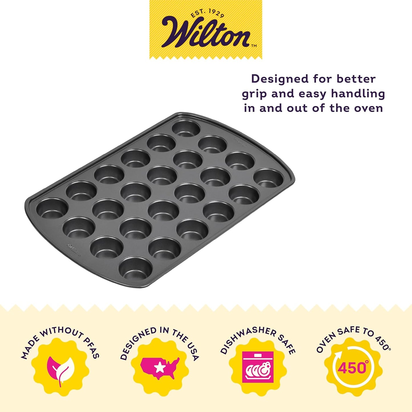 Wilton Gold Non-Stick Mini Muffin Pan - Perfect for Cupcakes & Muffins - PFAS-Free, Scratch Resistant - 16 x 10 Inch, 24 Cups