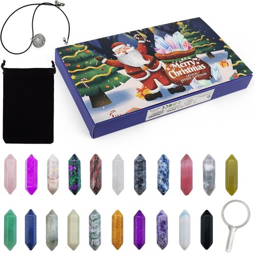 Christmas Crystal Advent Calendar 2025 | Healing Stones Kit with Necklace Holder & Magnifier
