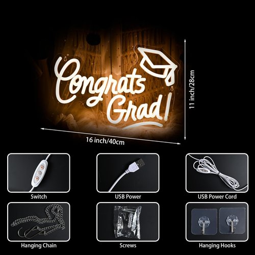 Congrats Grad Neon Sign with Graduation Cap, 16*11In Warm White Grad Light Up Led Sign for Class of 2026 Graduation Party Decorations Prom Celebration Gifts Kindergarten High School College Wall Decor